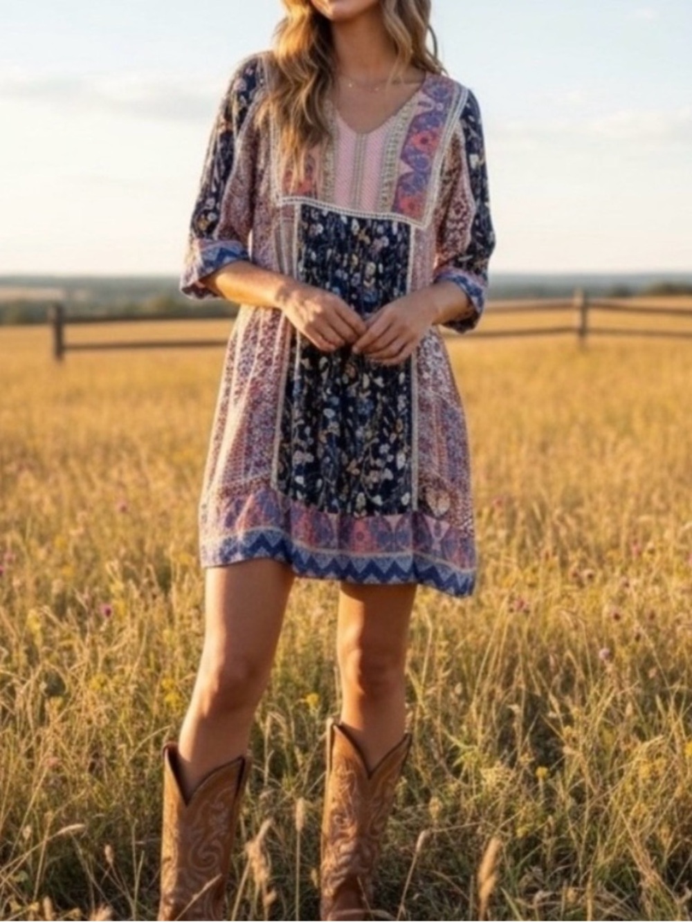 Sundance My Favorite Dress Patchwork Floral Print Boho Mini Dress Size Small